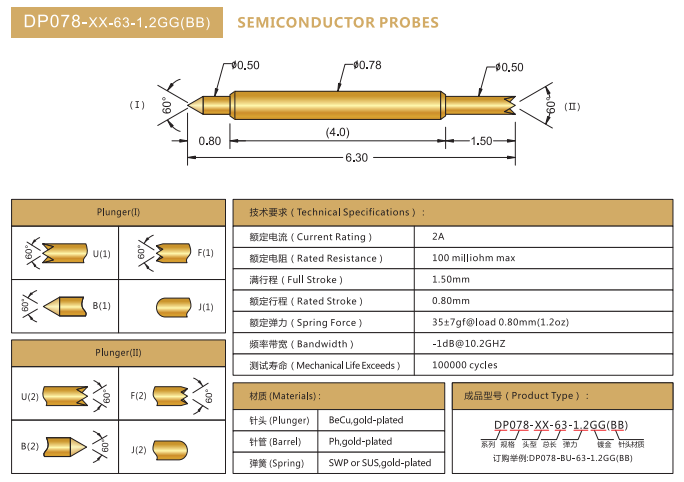 0.78mm雙頭探針，BGA測(cè)試針，華榮華BGA雙頭彈簧針廠家